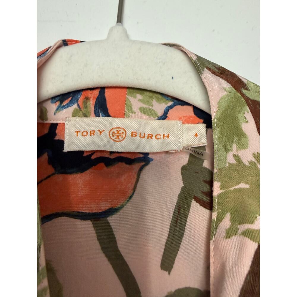 Tory Burch 4 Pink Poppy Floral 100% Silk Sleeveless Tie Neck Bow Blouse Top ITEM - Picture 2 of 7